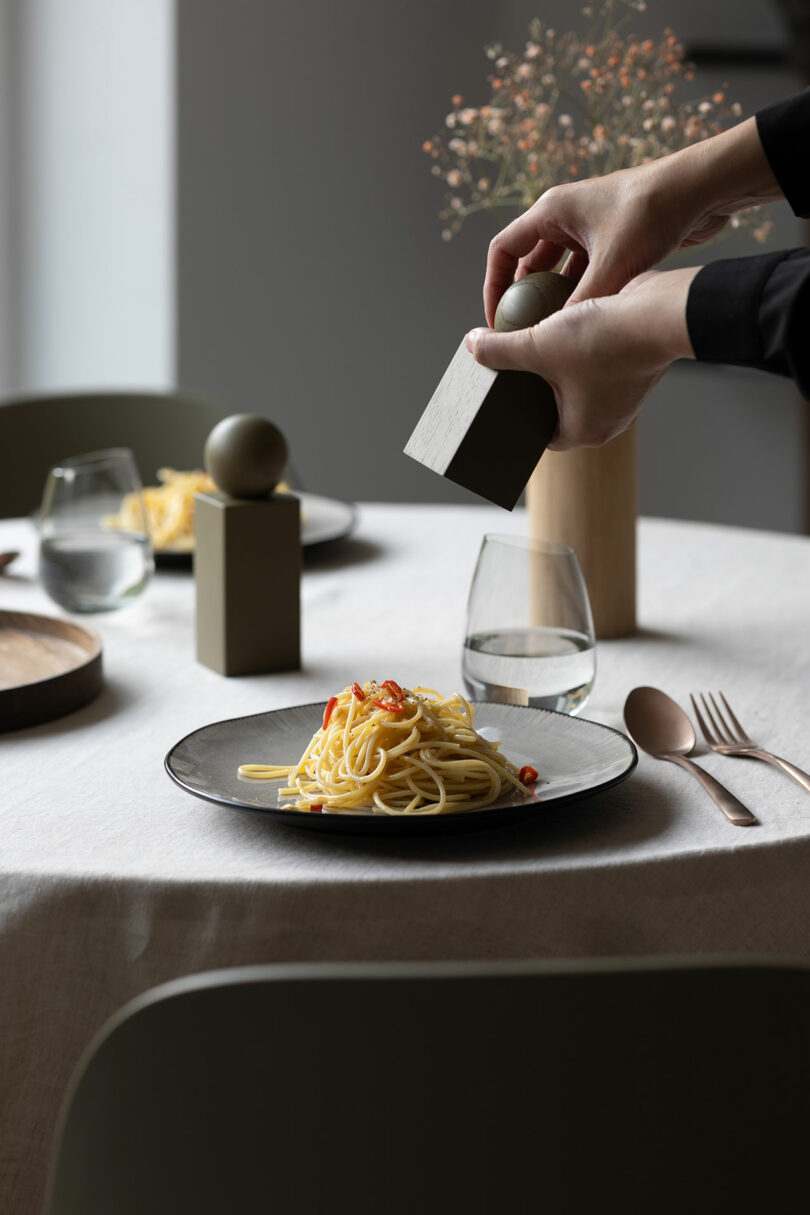 A person using a wooden TWIST pepper grinder over a plate of pasta during a meal.