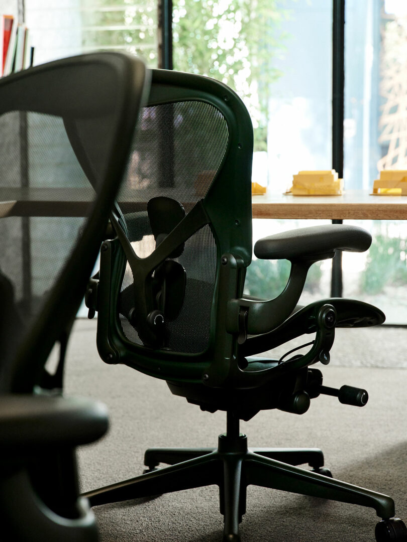 An ergonomic office chair with a mesh backrest in a bright, modern office with large windows.