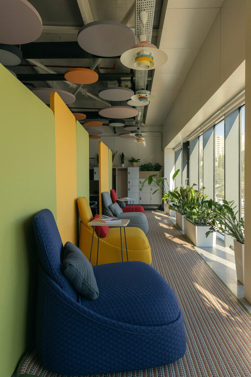 Potted plants lined up on a windowsill next to large windows in a bright office seating area.
