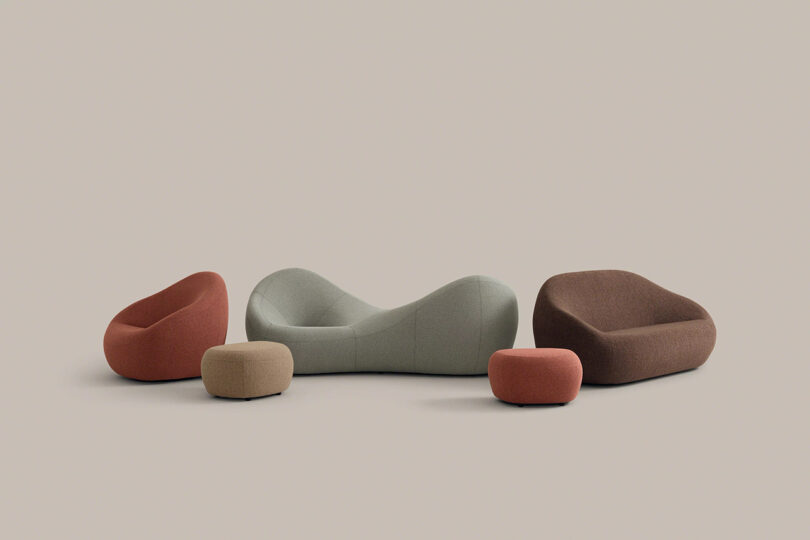 Five modern rounded upholstered seats including ottomans and sofas in muted earth tones.