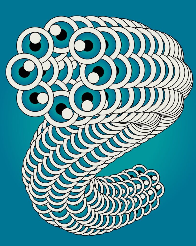 A serpent-like formation of stylized eyeballs on a solid teal background.