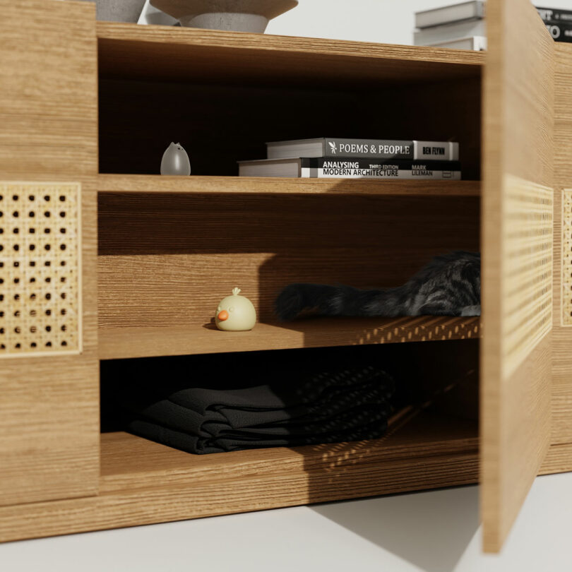 A wooden cabinet console with a cat comfortably tucked inside one of the discreet compartments.