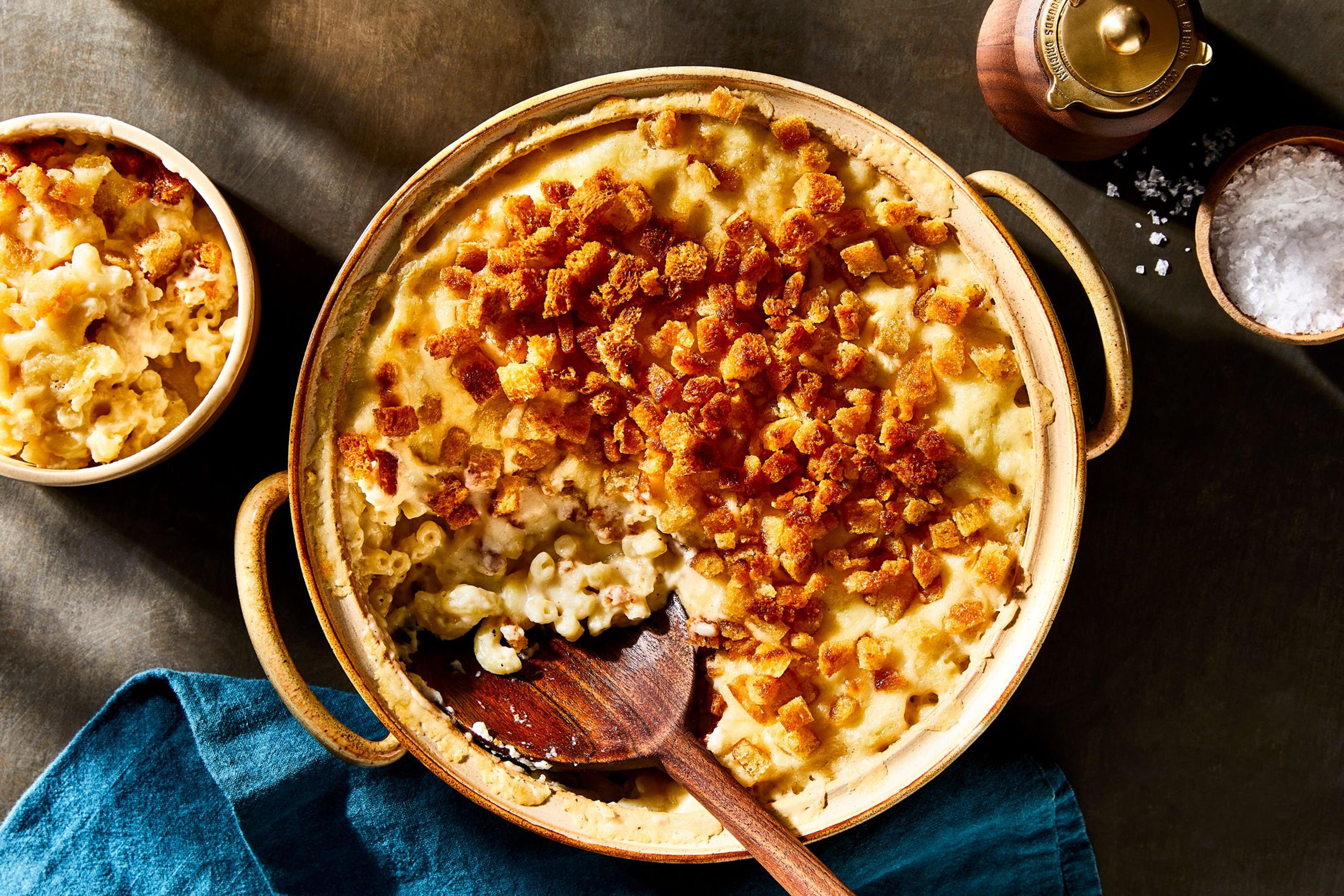 A golden-brown tray of baked macaroni and cheese