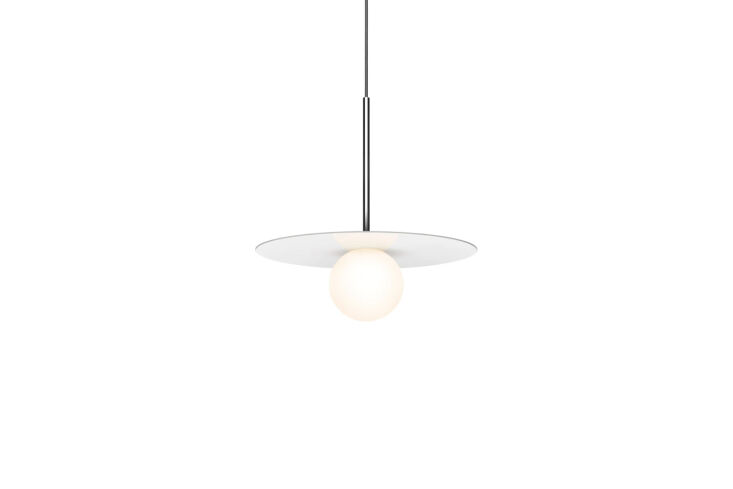 A pendant light featuring a white spherical bulb resting beneath a polished flat disc.