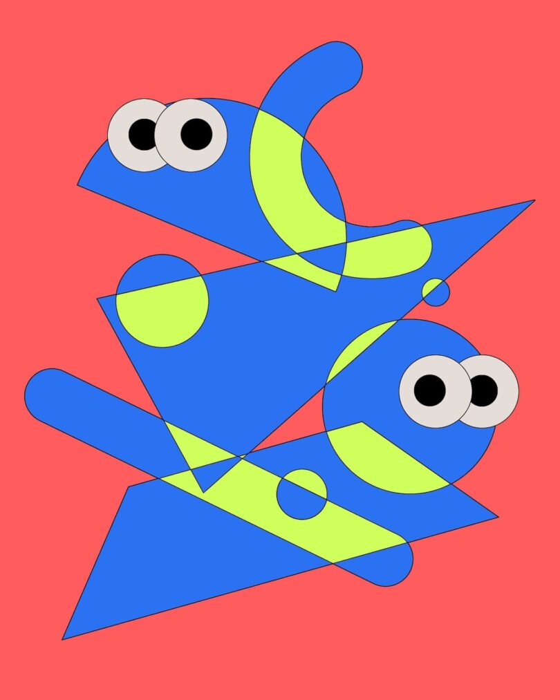 Abstract pop-art illustration with green and blue shapes and cartoon eyes on a pink background.
