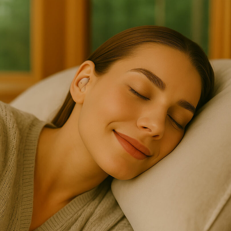 A woman with her eyes closed resting her head on a specialized soft pillow while wearing sleep earbuds.