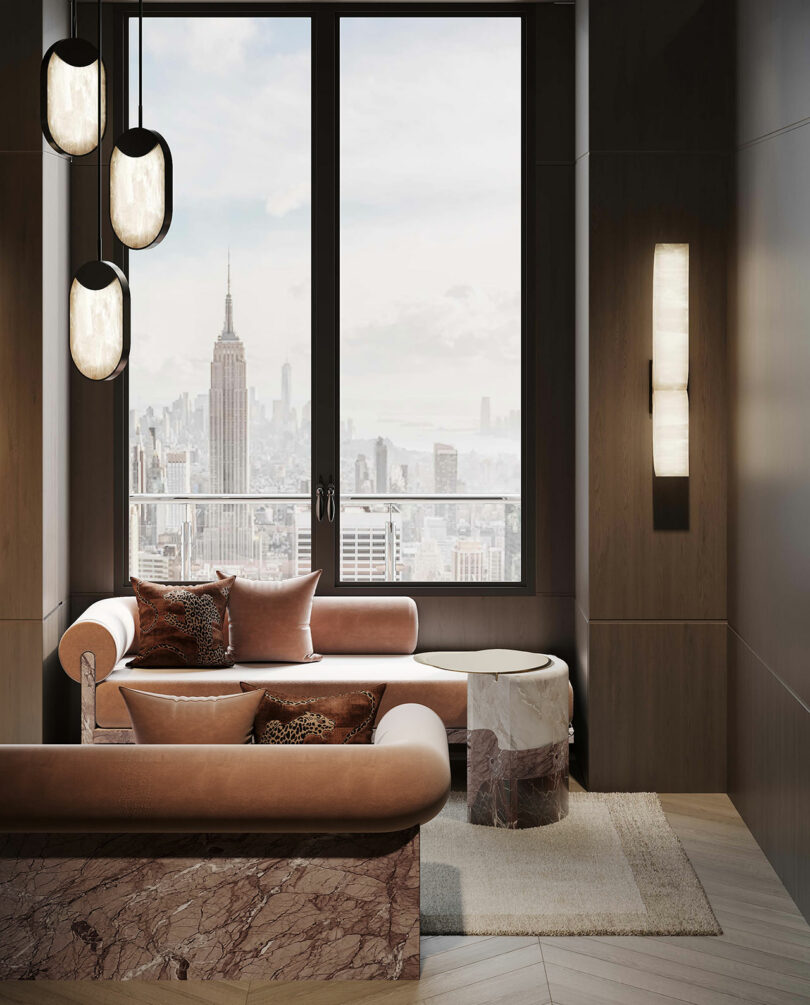 A modern high-rise living room featuring marble furniture and a view of the New York City skyline.