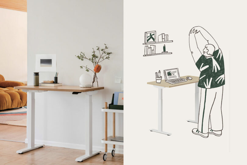 A height-adjustable standing desk with a laptop and plant, paired with an illustration of a person stretching.