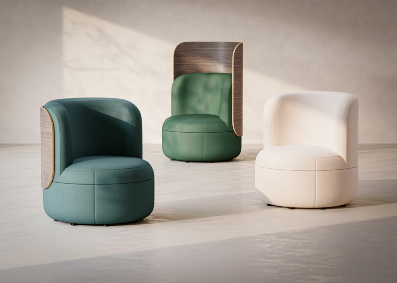 Three rounded lounge chairs in green and beige tones arranged on a minimalist floor.