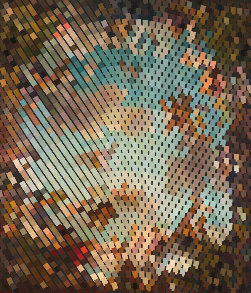 Abstract pixelated pattern of blue, cream, brown, and orange tiles.