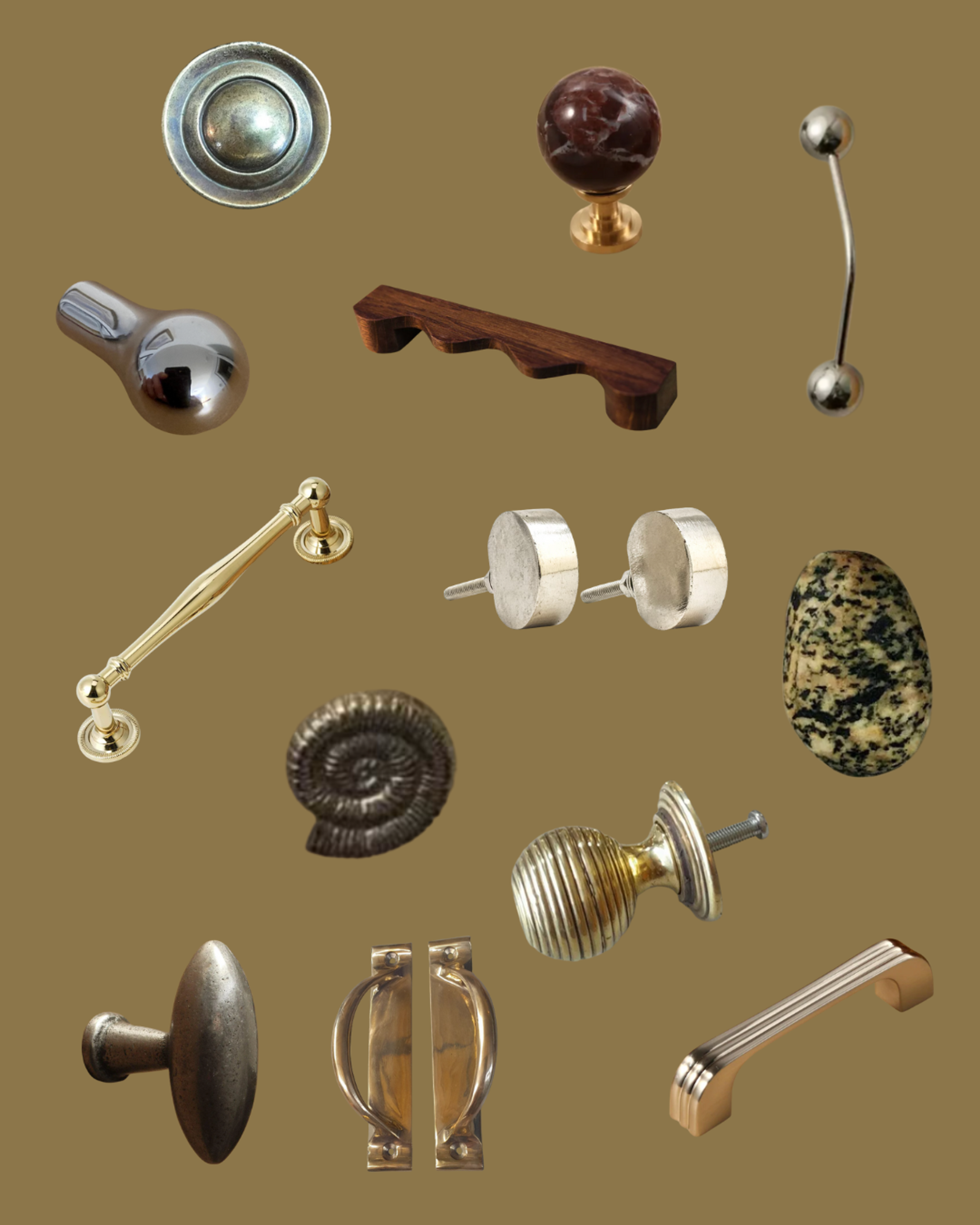 Selection of vintage-inspired solid metal hardware with intricate detailing.