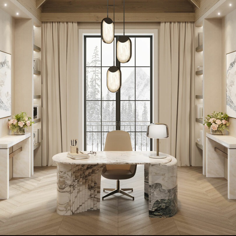 A luxury home office featuring a heavy marble desk and minimalist decor with a mountain view.