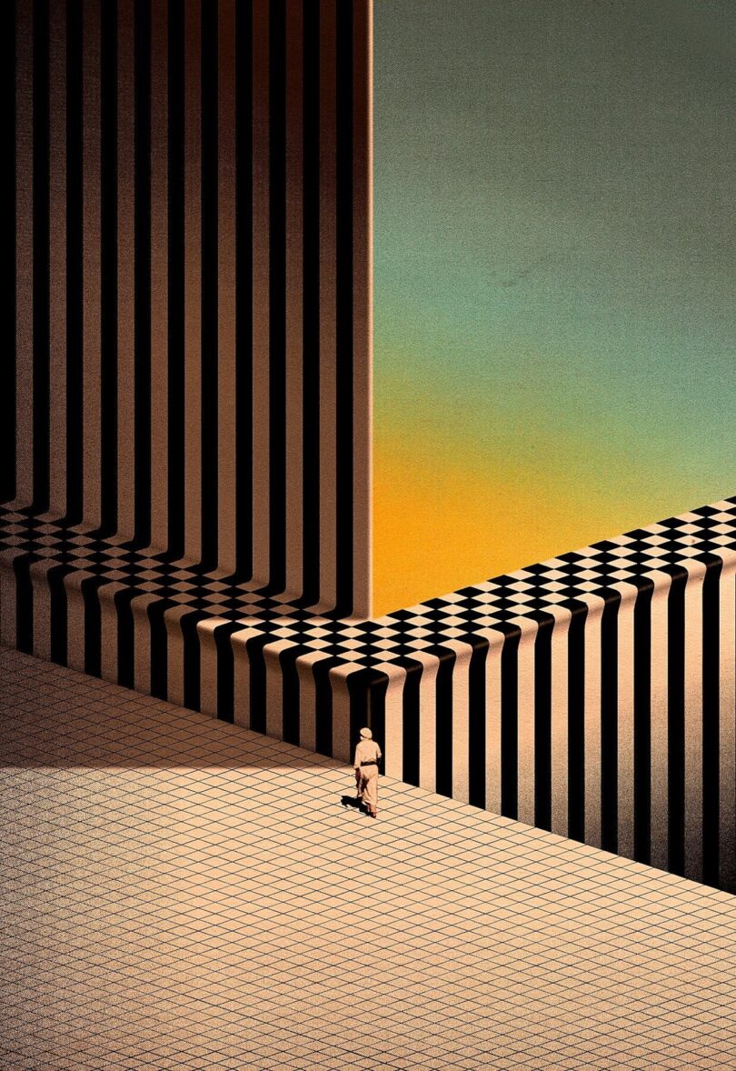 A lone figure walking through a surreal landscape of checkered paths and striped architectural pillars under a sunset gradient.
