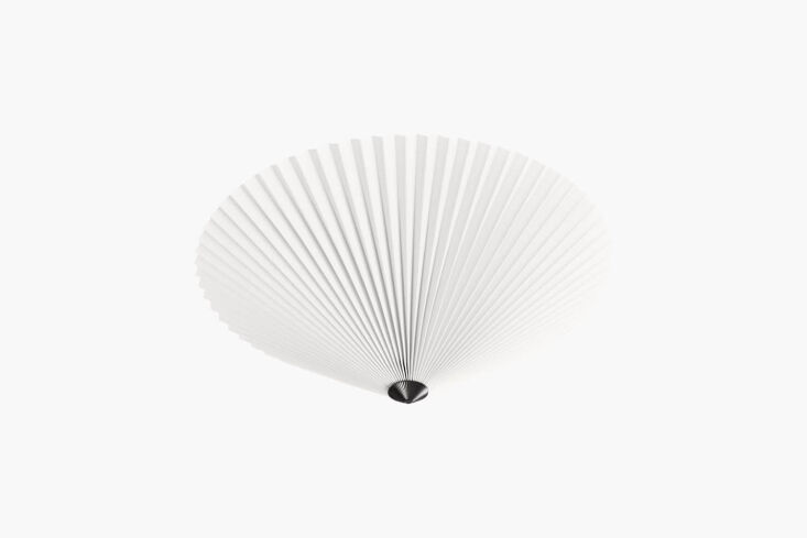 HAY Matin Flush Mount ceiling light with a yellow pleated cotton shade.