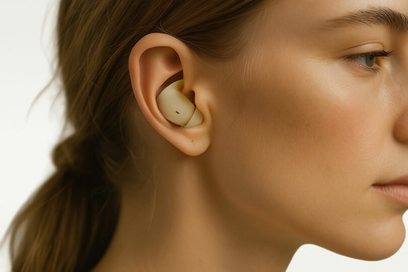 Close-up profile view of a woman's ear wearing a beige, low-profile ergonomic earbud that sits flush with the ear.