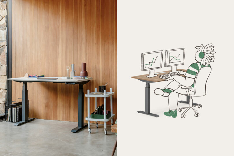 An adjustable standing desk with a dual-monitor setup and an illustration of a person using headphones.