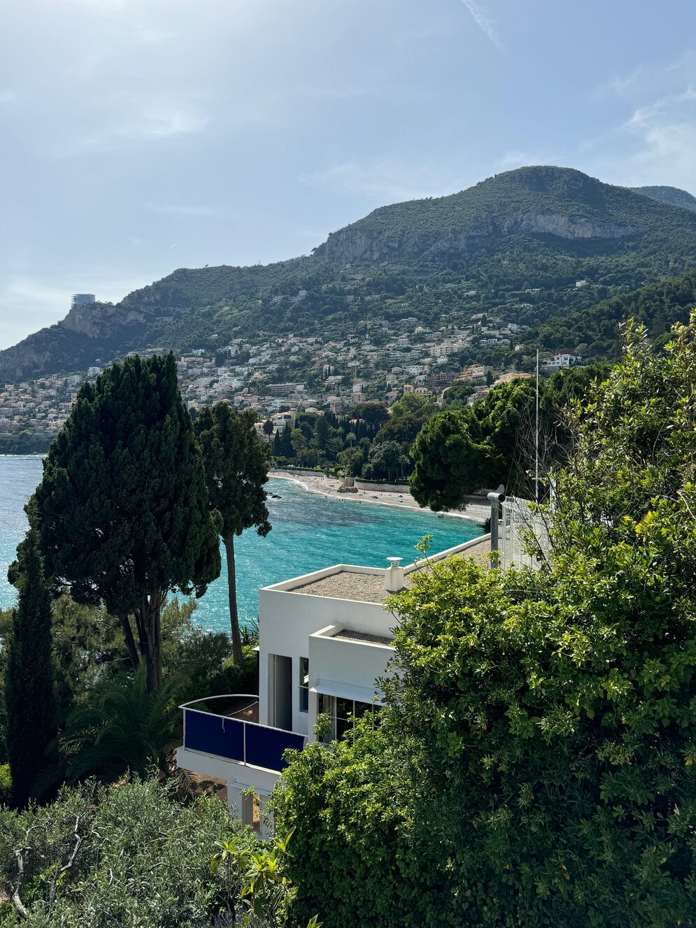 Exterior view of Villa E-1027 on the French Riviera showing its nautical modernist architecture.