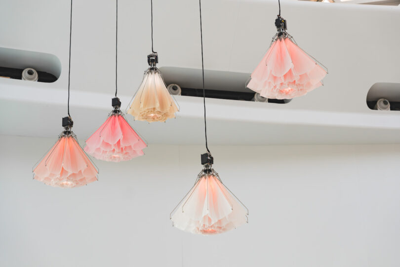 Five pink and white kinetic pendant sculptures suspended against a light architectural background.