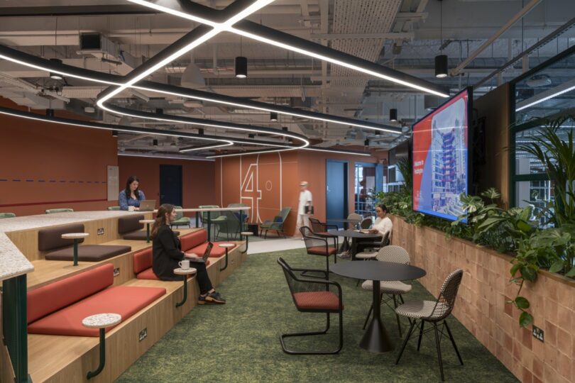 A modern office area with wooden bleacher-style seating and vibrant greenery.