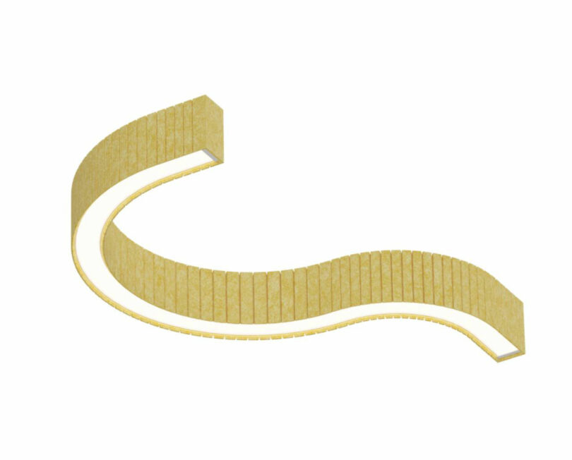A curved gold-colored LED light fixture with a segmented surface against a white background.