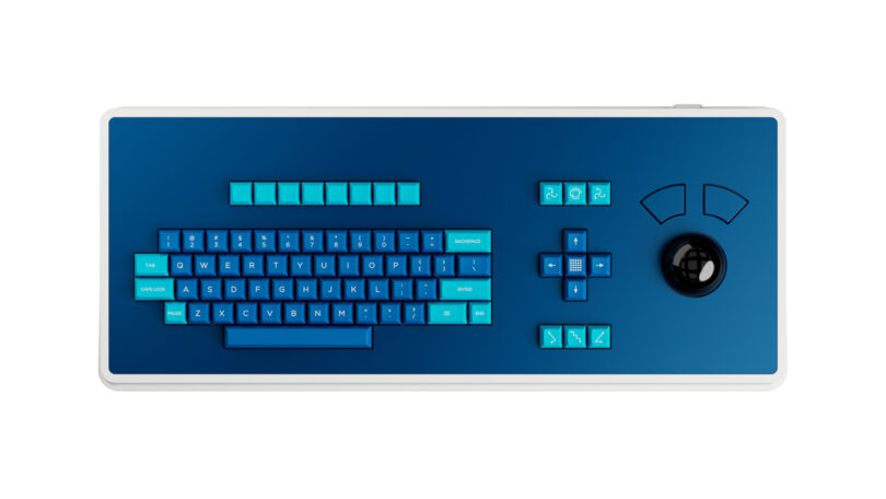 A full view of the blue MDR Dasher keyboard with its unique directional arrows and function buttons on a clean white background.