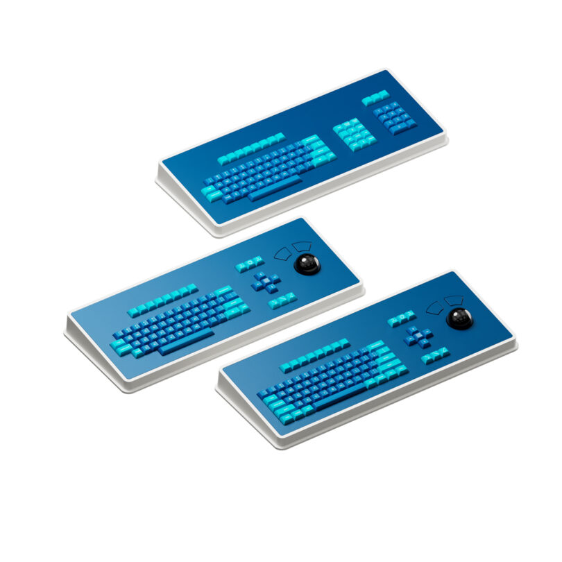 Top-down view of three variations of the MDR Dasher keyboard showing different key layouts and features.