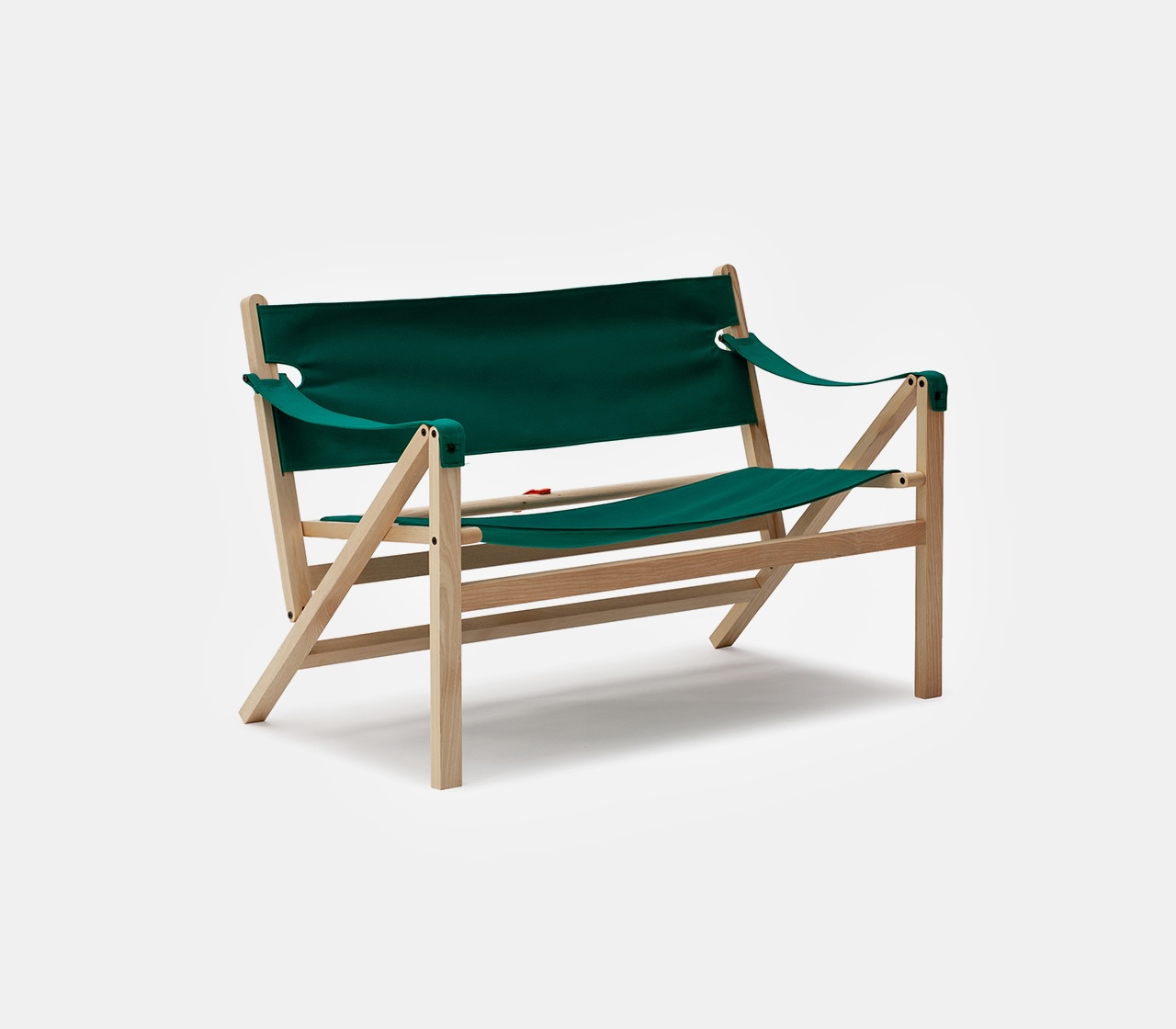 A minimalist two-seater collapsible sofa with a wooden frame and white fabric seat.