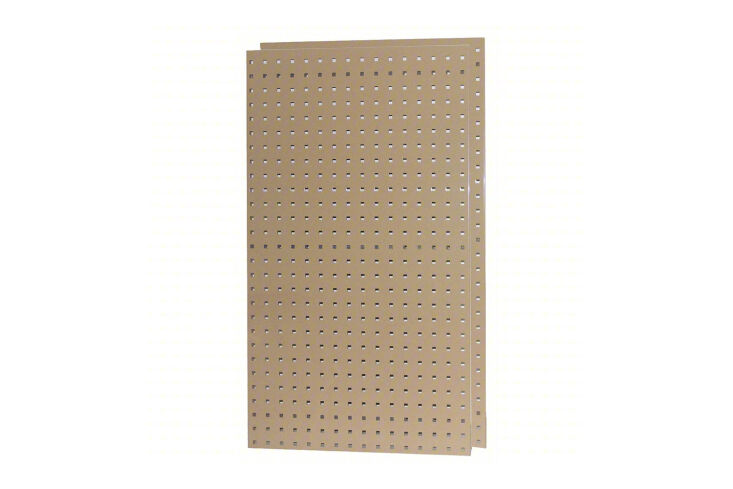 A modular pegboard panel system showing hooks and mounting hardware for heavy cookware.