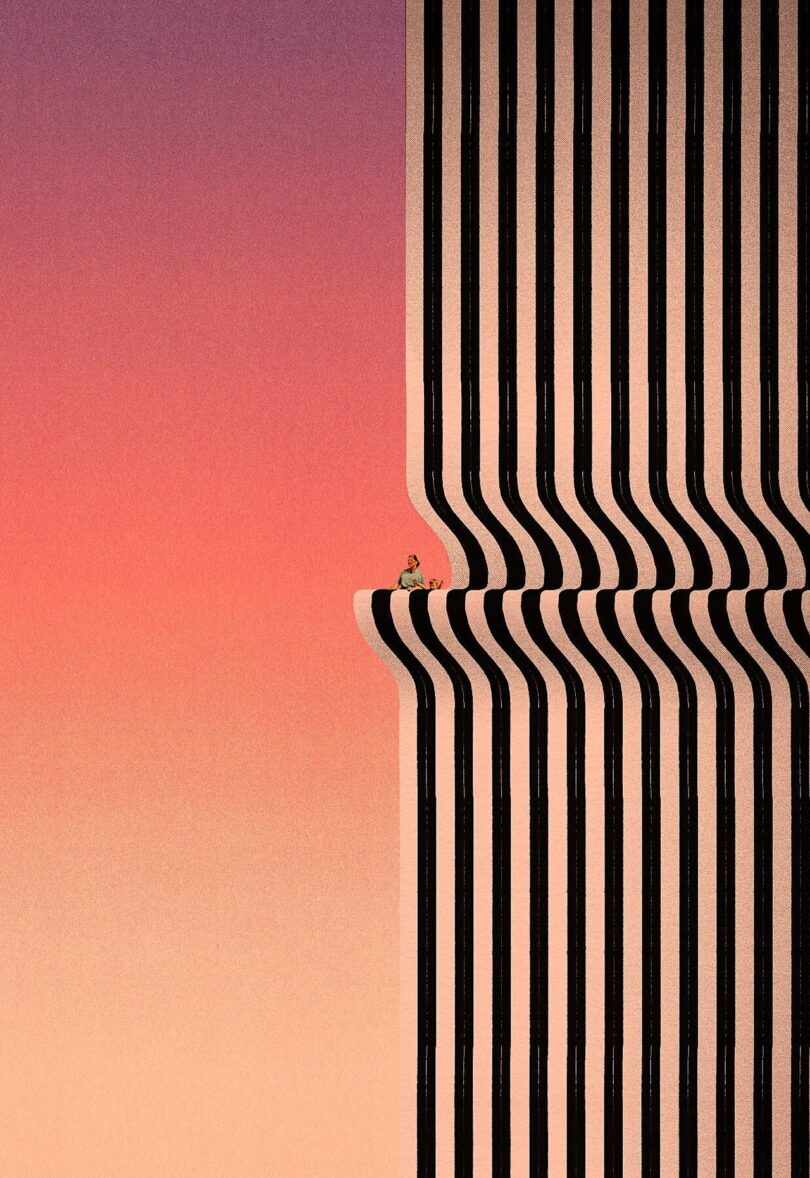 A person sitting on a high ledge overlooking abstract vertical structures against a warm orange and pink sky.