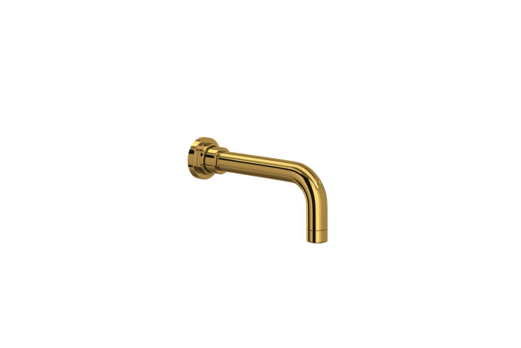 Rohl Lombardia Wall Mount Tub Spout in Unlacquered Brass.