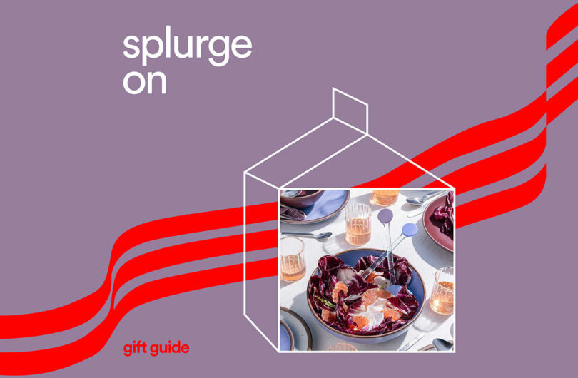 A table setting with a bowl of salad and drinks with the overlay text 'splurge on'.