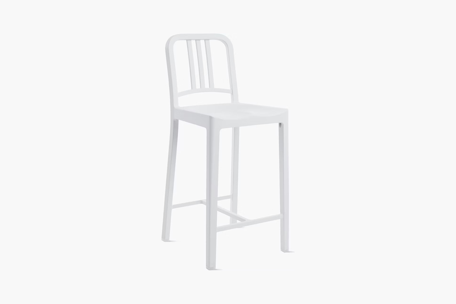 A white Emeco 111 Navy Stool, constructed from recycled plastic bottles.