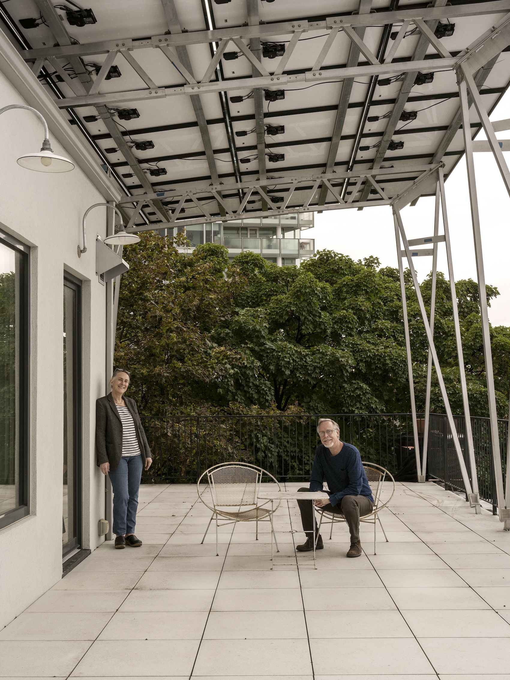 Rooftop solar panel canopy with porcelain tiles.