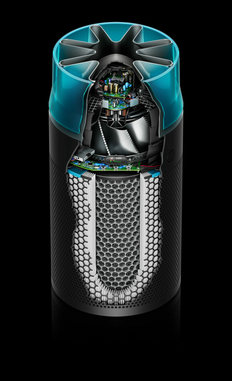 Technical cross-section of the Dyson purifier revealing the internal filter layers and motor assembly.