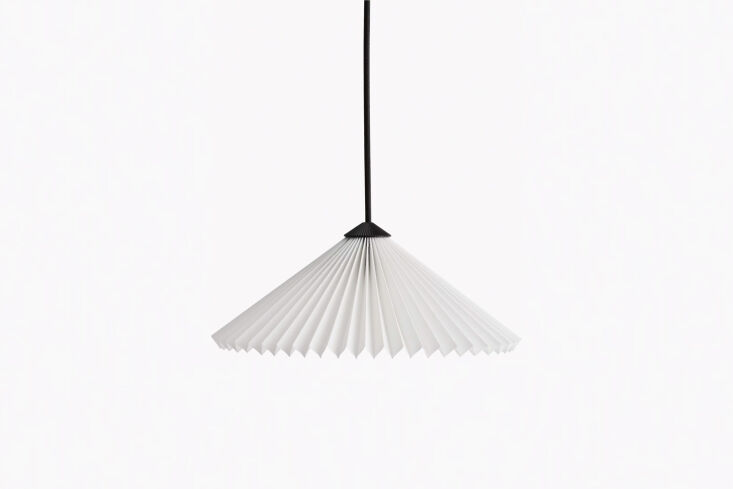 HAY Matin Small Pendant featuring a pleated cotton shade in a soft color.