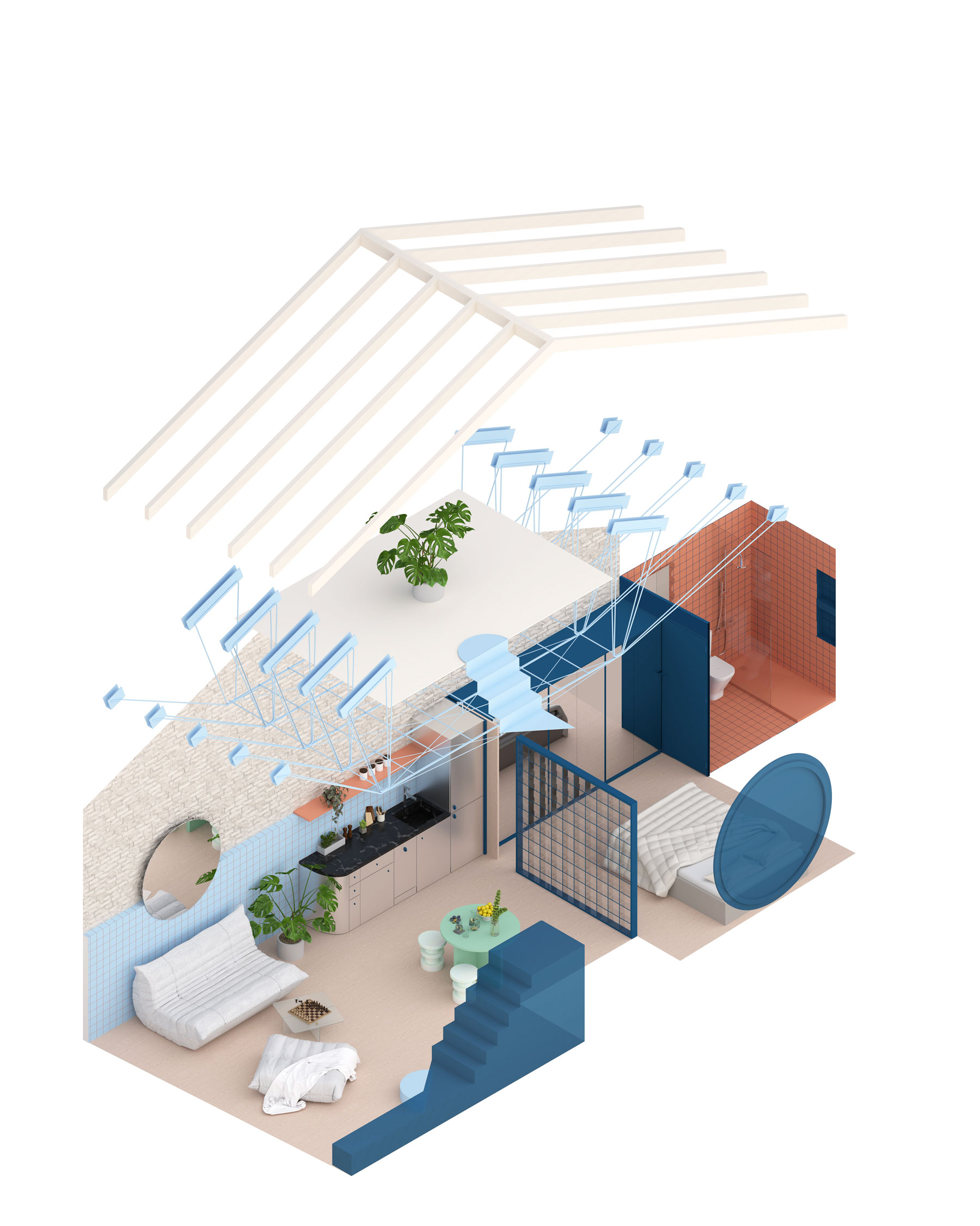Axonometric architectural drawing of Casa Cometa showing the mezzanine and tubular structure.