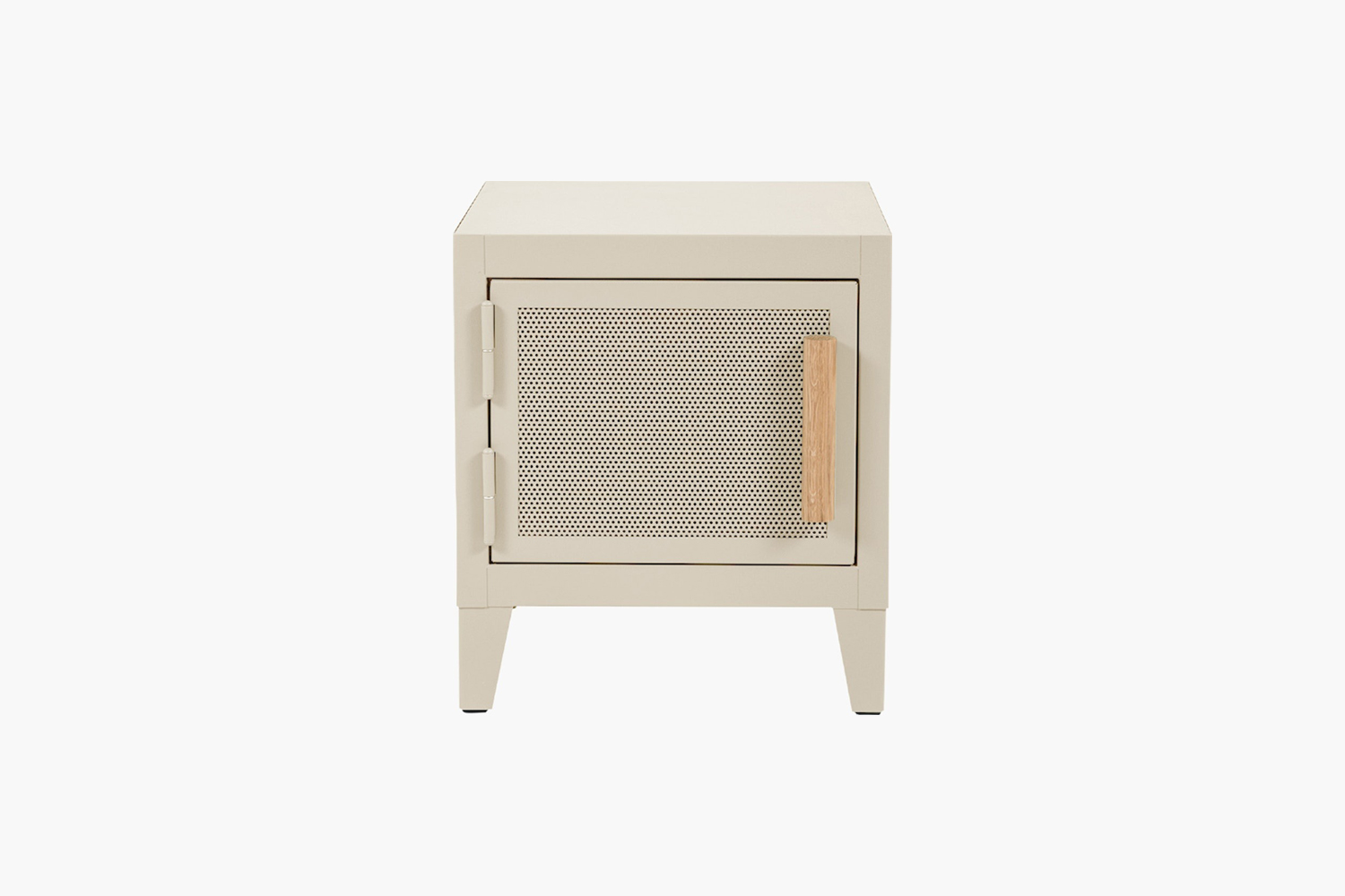 White Tolix Perforated Bedside Locker with industrial metal detailing.