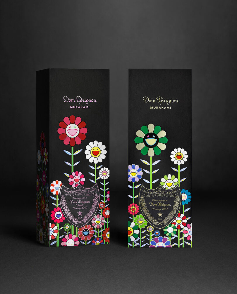 Two Dom Pérignon gift boxes side-by-side showing continuous floral patterns.