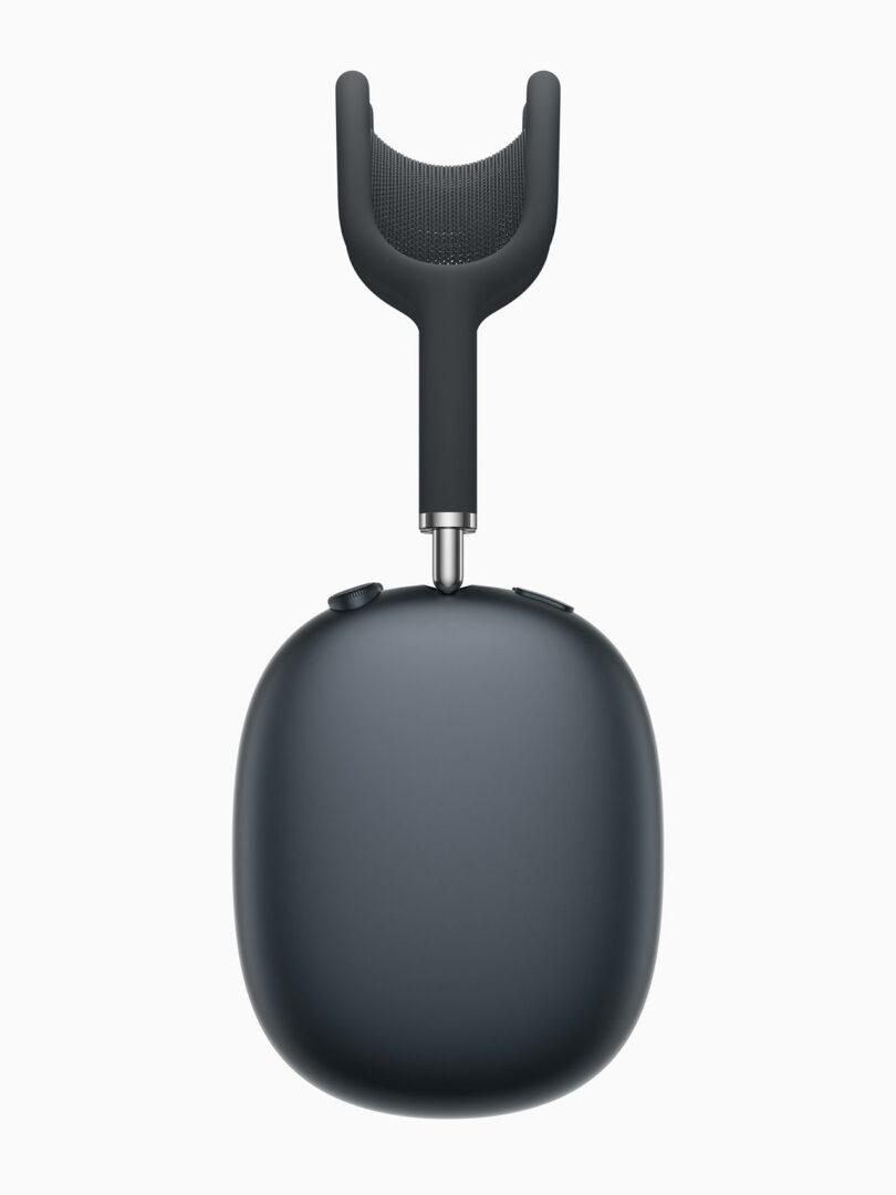 A single dark gray AirPods Max 2 headphone against a clean white background, showing the headband and ear cup mesh.