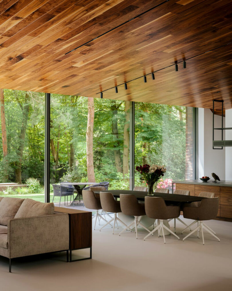 Modern open-plan living area with a wood ceiling and expansive glass walls looking out onto a lush green forest.