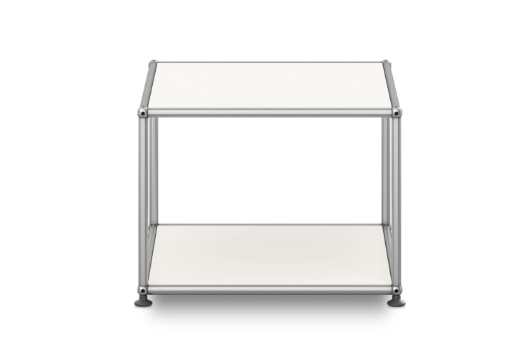 A USM Haller M22 side table featuring a chrome steel frame and white powder-coated panels.