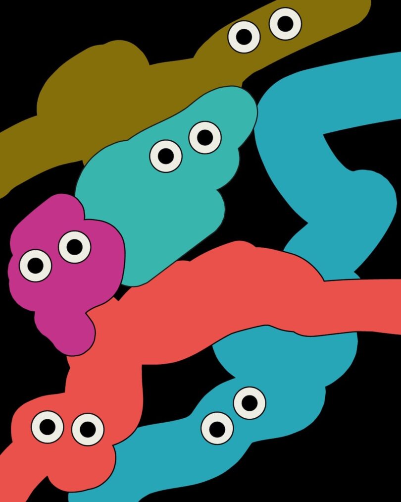 Five colorful abstract blobs with eyes floating against a dark background.