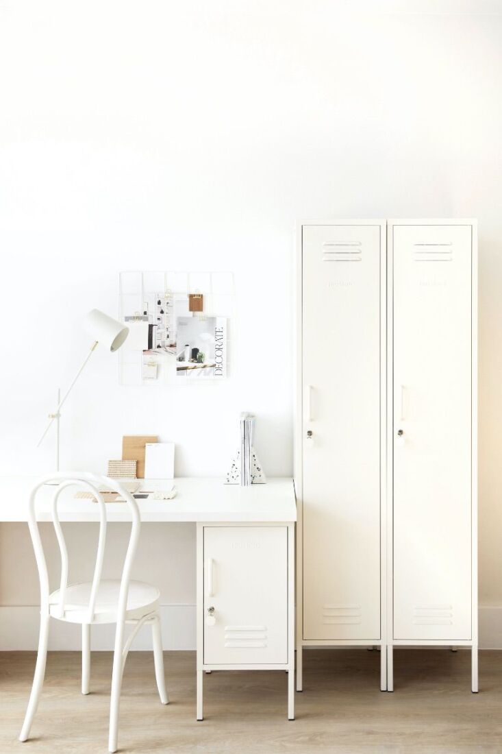 A tall 'The Skinny' locker next to a compact 'The Shorty' locker used as a desk cabinet.