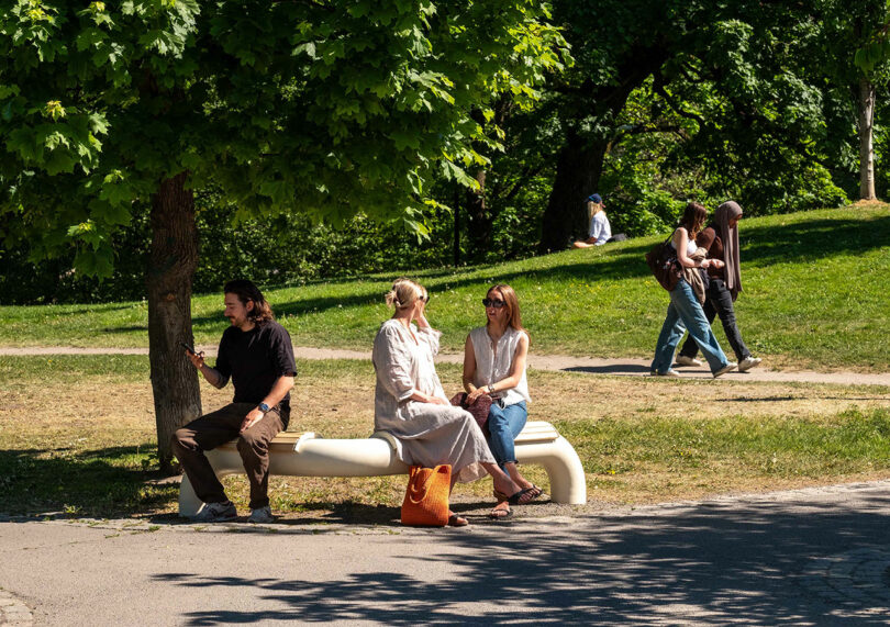 People relaxing on curved benches that wind around trees in a sunlit public park.