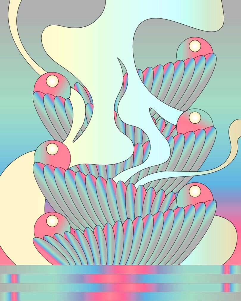 Surreal illustration of clamshells and pearls with flowing smoke-like patterns.