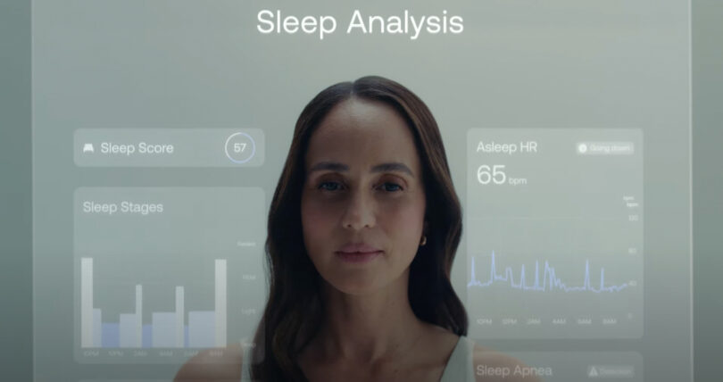 The smart mirror interface showing a sleep analysis screen with heart rate variability and sleep stage tracking.