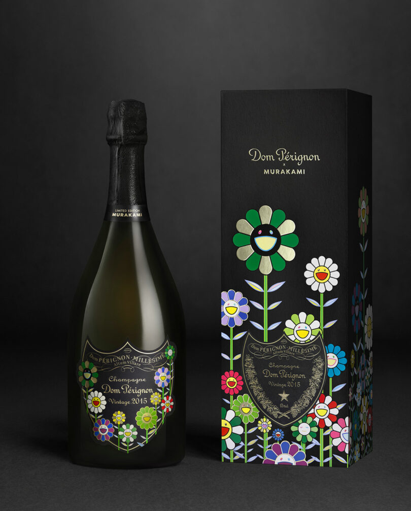 Dom Pérignon Vintage 2015 bottle and gift box with yellow and green Murakami flowers.