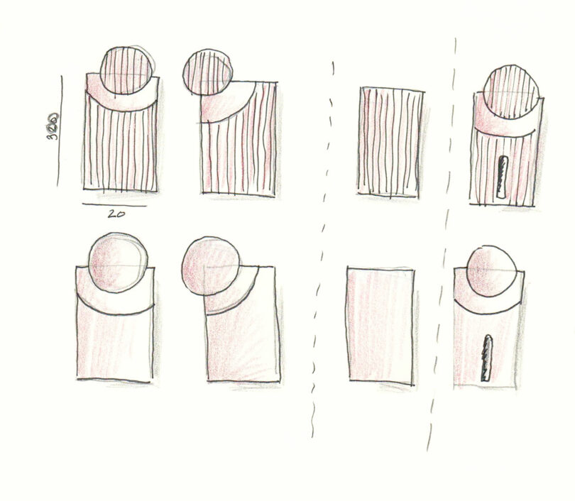 Hand-drawn design sketches illustrating the geometric intersection of circular light nodes and rectangular aluminum panels.