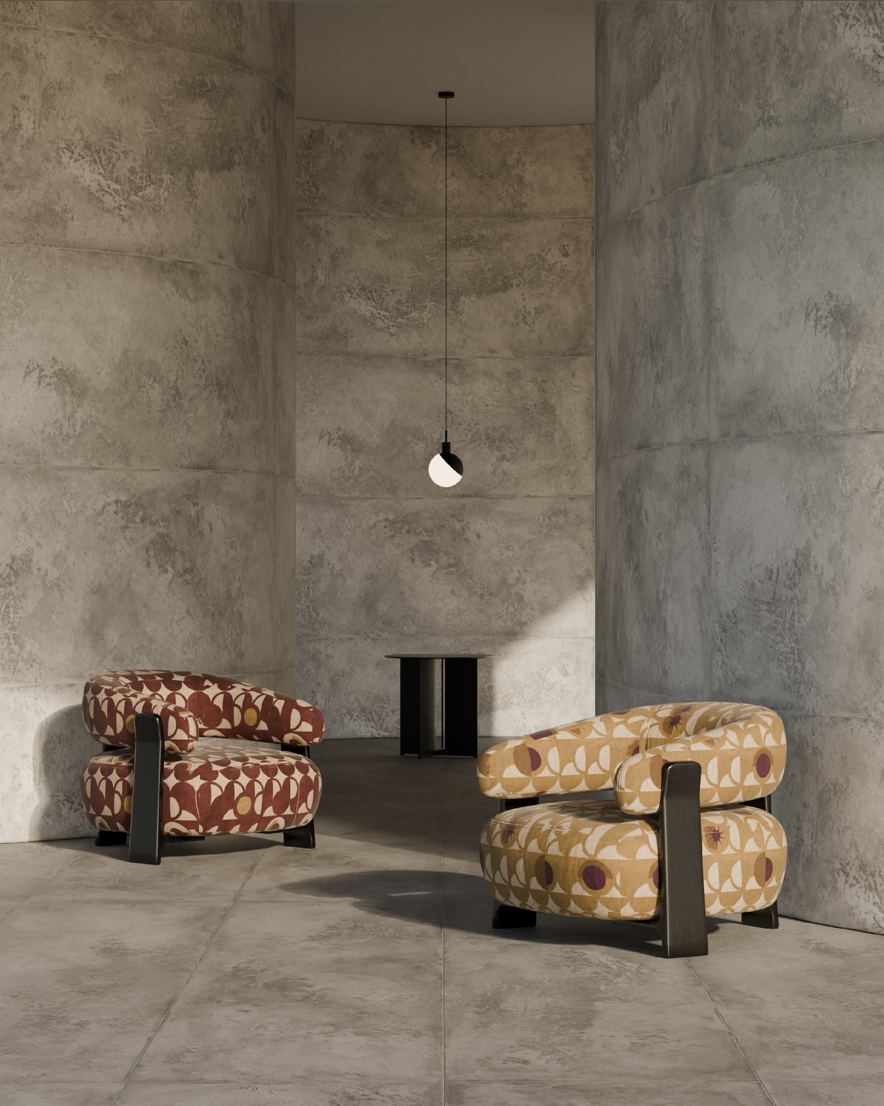 A modern accent chair upholstered in the FÖLKE Sequin pattern in a neutral interior.