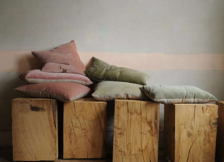 Hand-dyed velvet cushion covers in various muted tones.